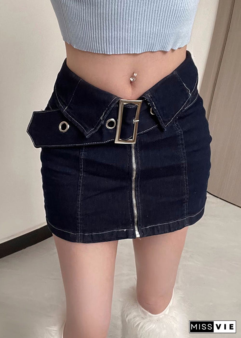 New Navy Zip Up Sashes Patchwork Denim Skirts Summer