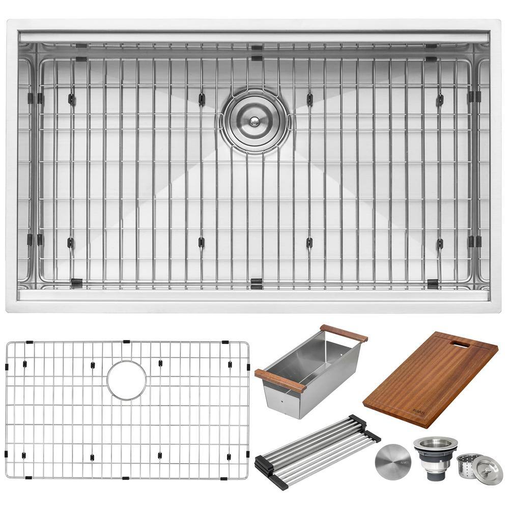 Ruvati 32 in. Single Bowl Undermount 16-Gauge Stainless Steel Ledge Kitchen Sink with Sliding Accessories RVH8300