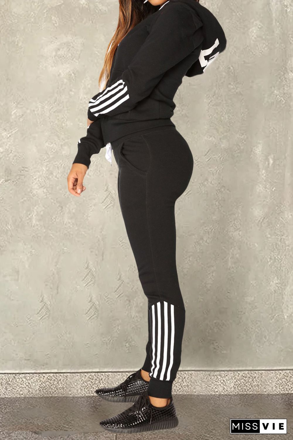 Stripe Letter Print Zip Up Drawstring Hoodie & Pants Set