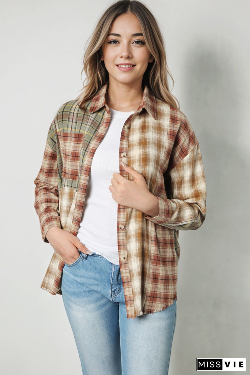 Brown Multi Plaid Patchwork Raw Edge Casual Shirt