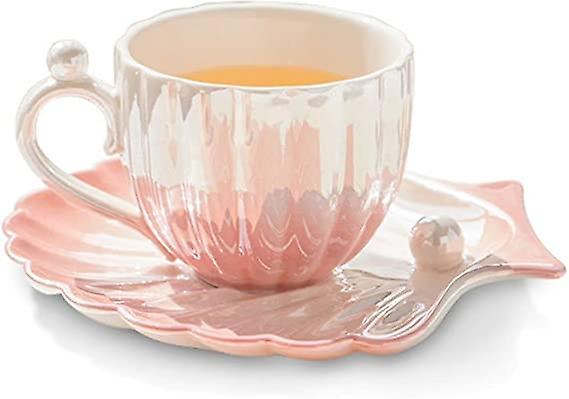 Ceramic Tea Cups And Saucers Coffee Mug Porcelain British Coffee Latte Cups Pearly Shells Pink