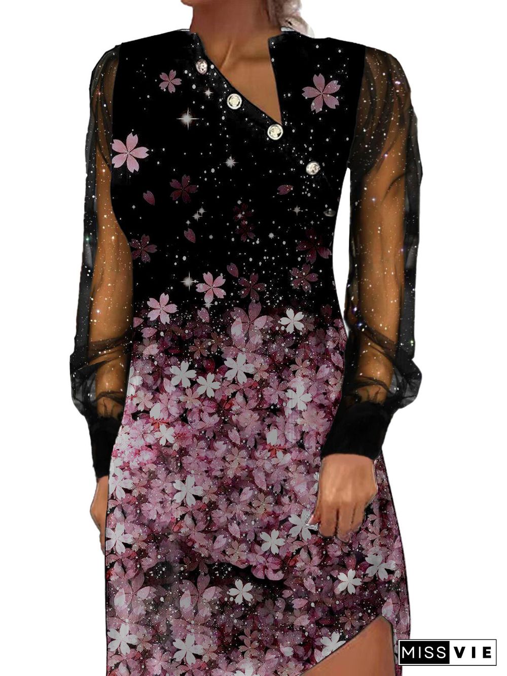 Women's Long Sleeve V-neck Graphic Lace Midi Dress