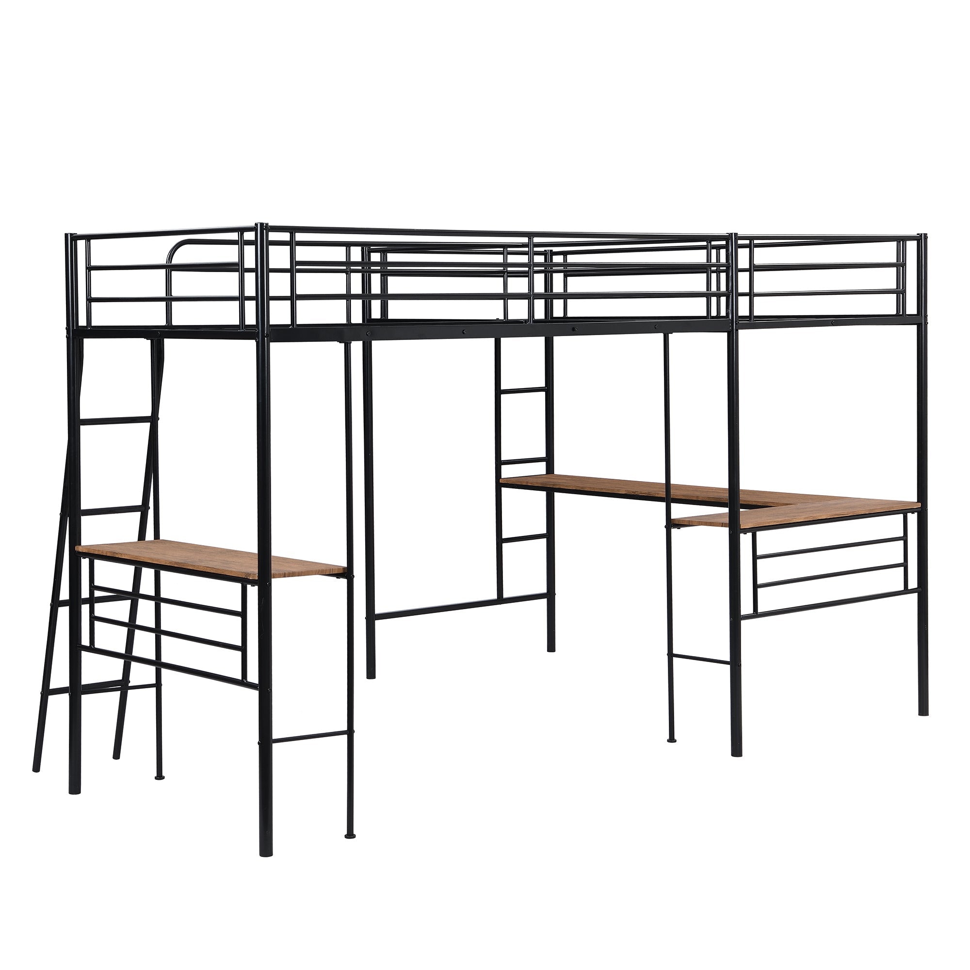 Metal L-Shaped Twin Size Loft Bed with Two Desk for Kids Bedroom, Black