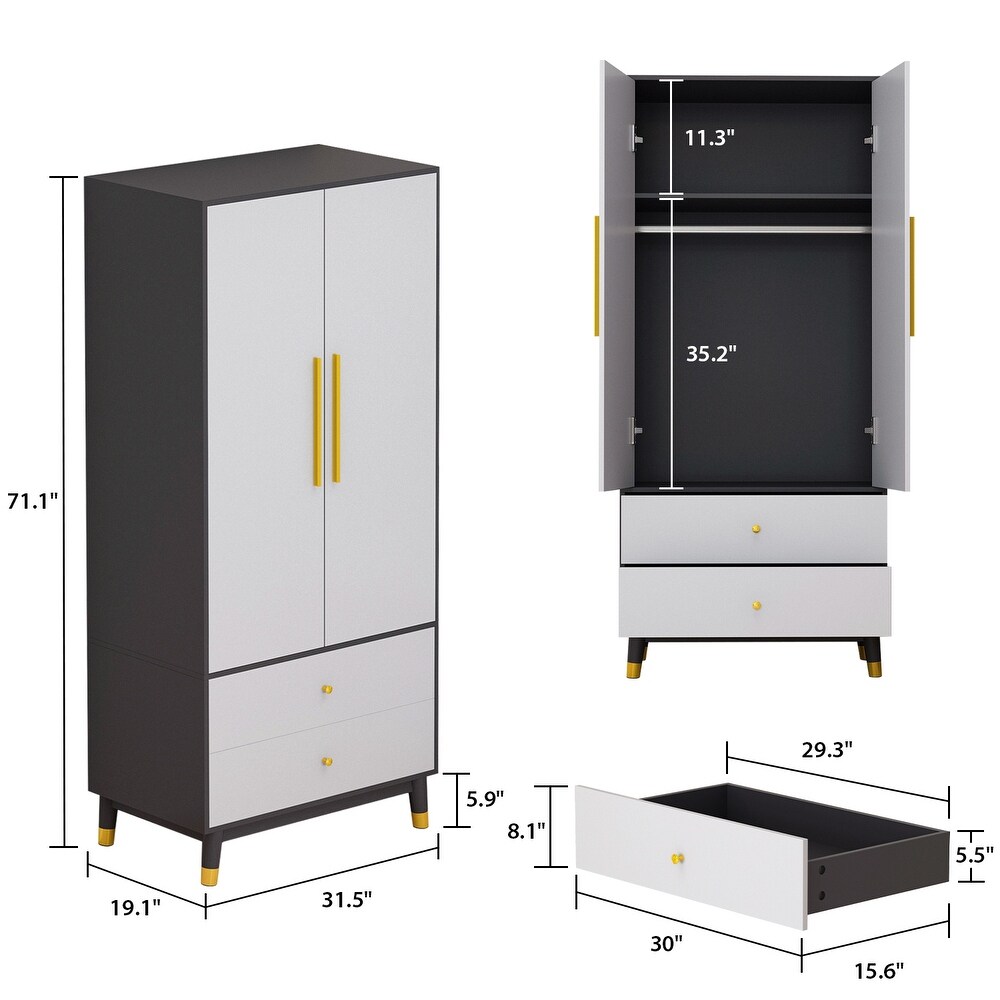 Wardrobe Closet Armoire with 2 Doors Wooden Clothes Storage Cabinet