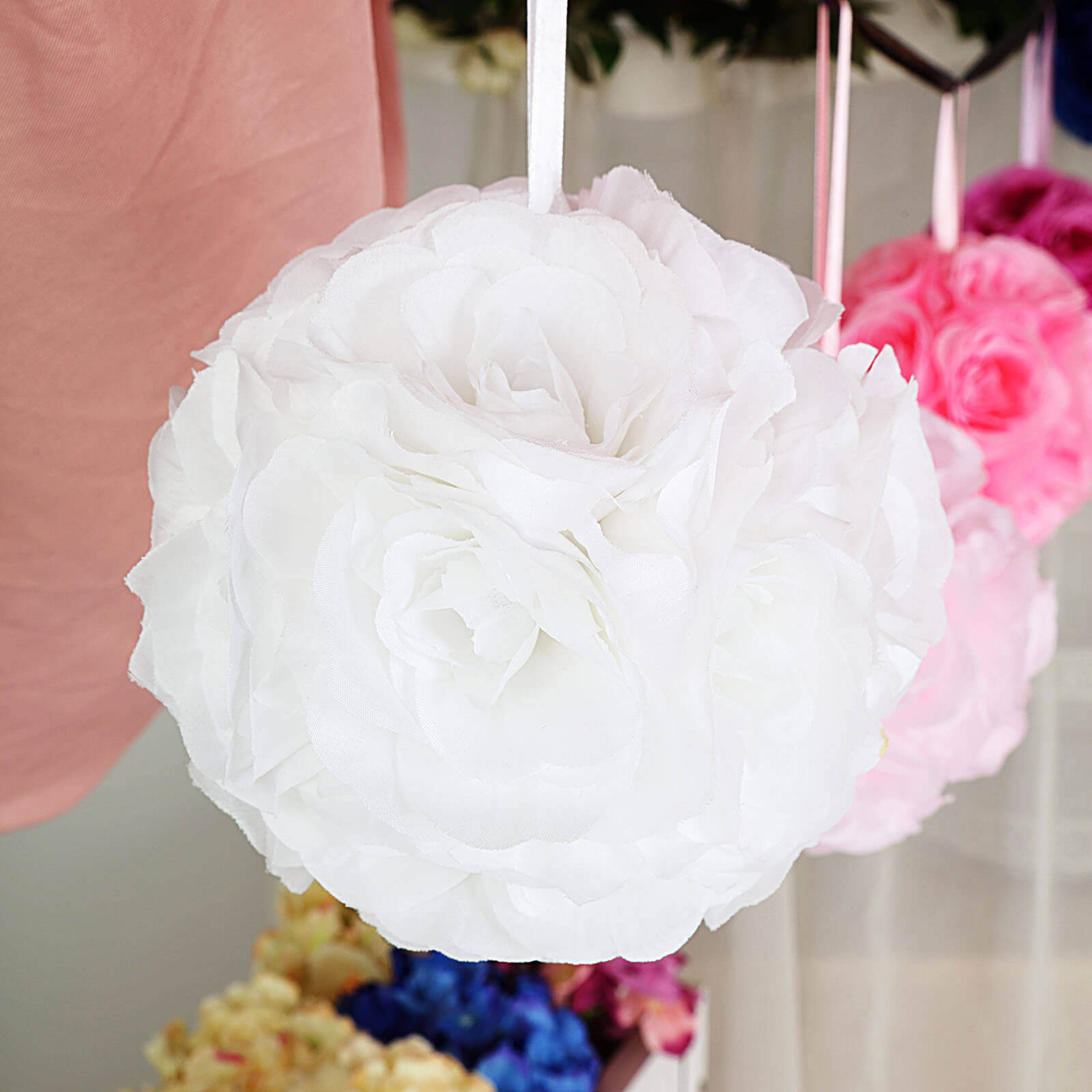 2 Pack White Artificial Silk Rose Kissing Ball, Faux Flower Ball 7