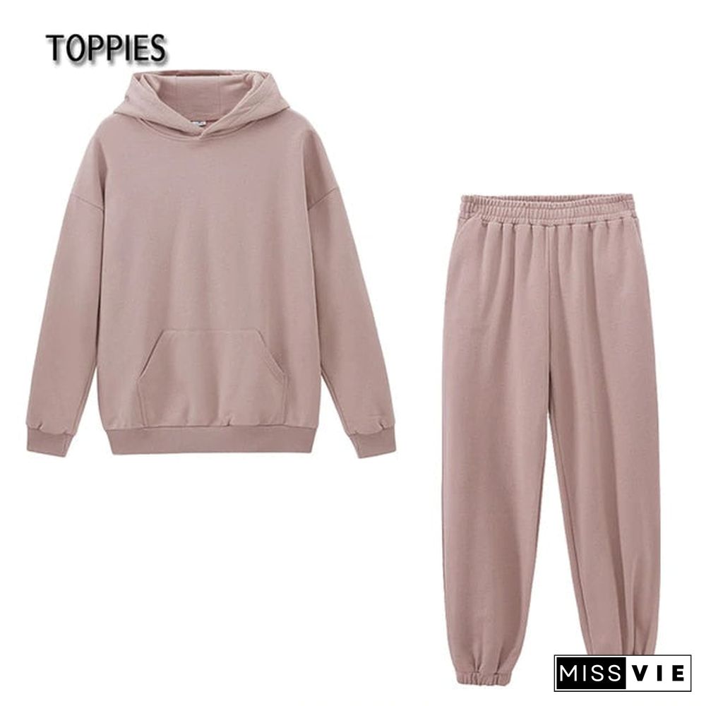 Toppies Women Hoodies And Sweatpants White Tracksuits Female Two Piece Set Solid Color Pullovers Jacket Lounge Wear Casual