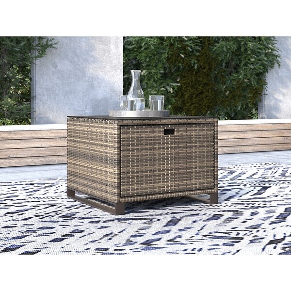 Tommy Hilfiger Oceanside Outdoor Side Table with Storage，Coastal Gray Wicker