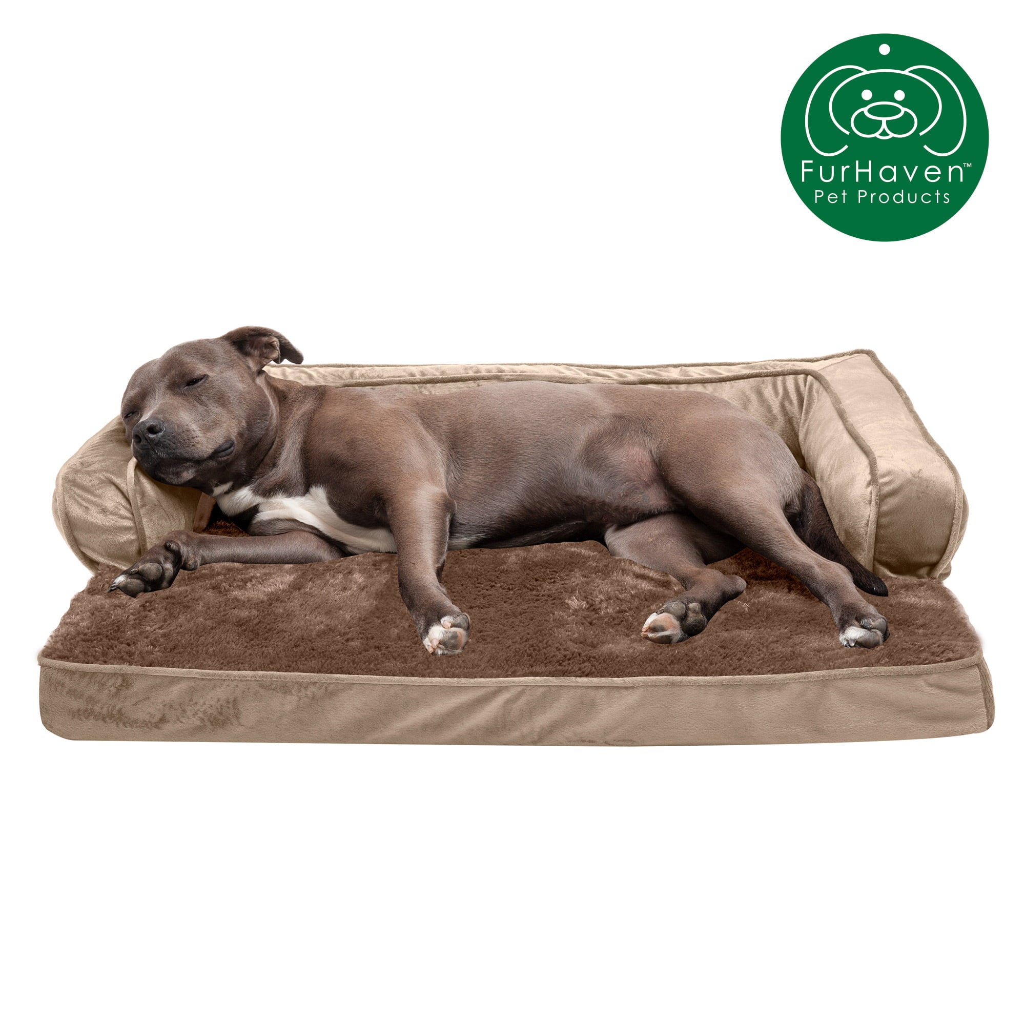 FurHaven Pet Products | Orthopedic Plush and Velvet Comfy Couch Sofa-Style Pet Bed for Dogs and Cats， Almondine， Large