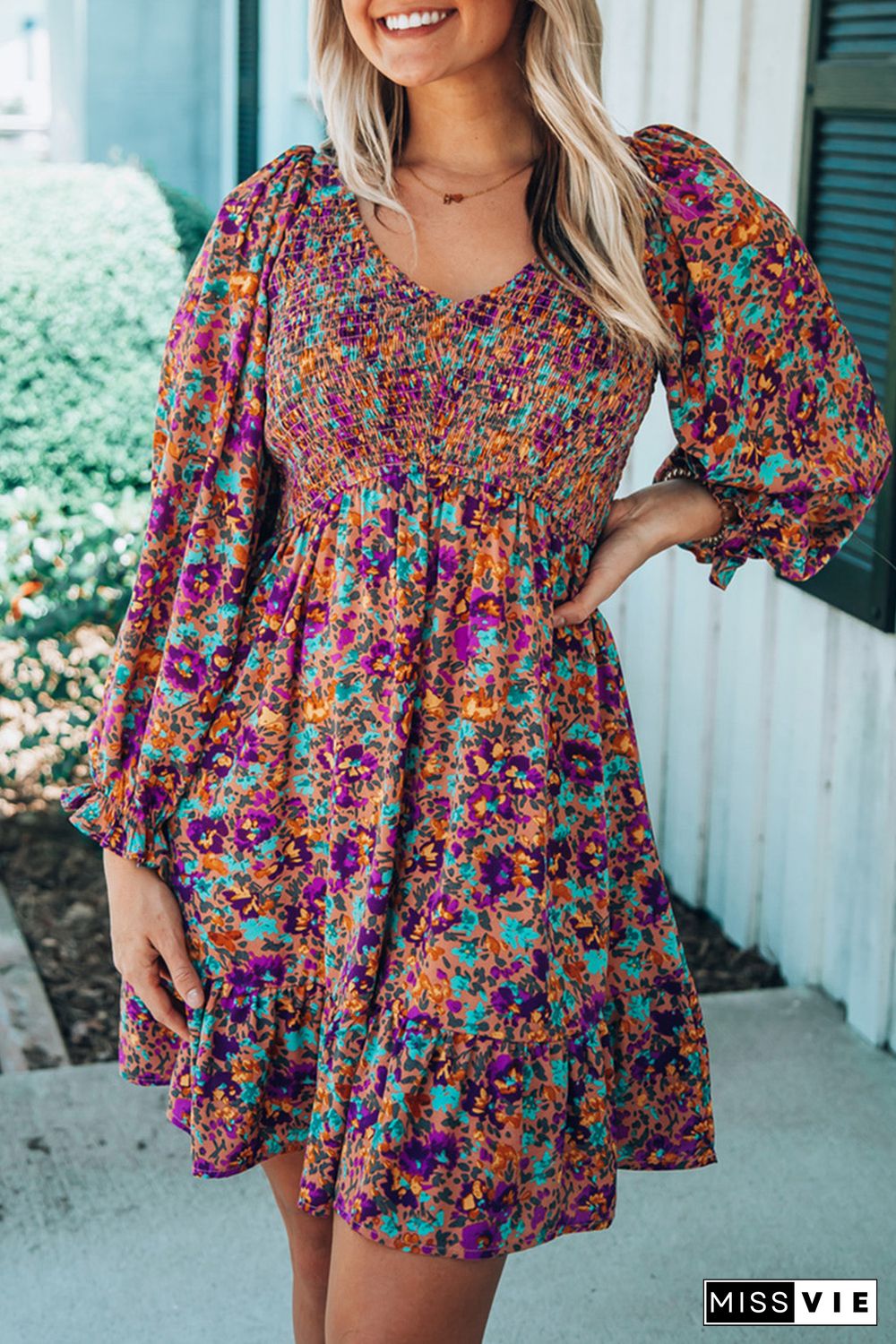 Purple Smocked V Neck Puffy Sleeve Floral Dress