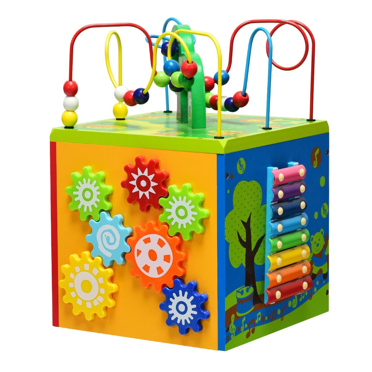 Costzon Wooden Activity Play Cube, 7 Sided Activity Center w/ Rotating Base, Bead Mazes