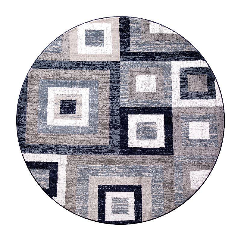 Masada Rugs Newton Collection Modern 5'x5' Round Accent Rug with Geometric Square Pattern in Blue， Gray and White