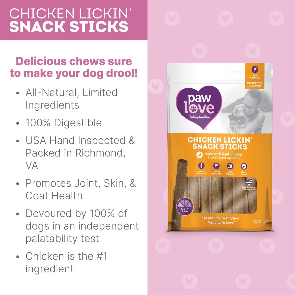 PawLove 5-in Chicken Lickin’ Snack Sticks Dog Treat， 20 count