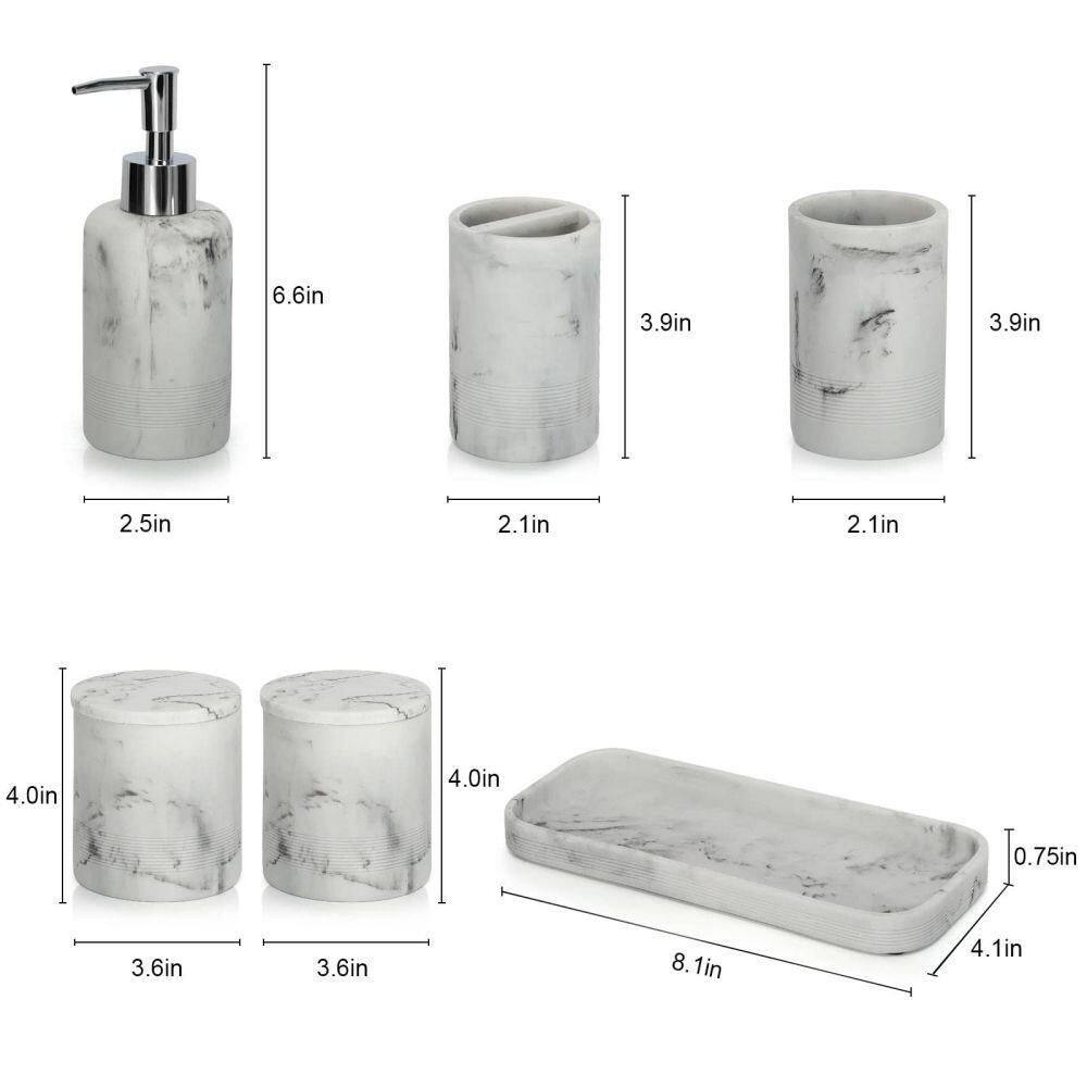 Dracelo 6-Piece Bathroom Accessory Set with Soap Dispenser Tray 2 Jars Bathroom Tumbler Toothbrush Holder in. White Marble B09M7Y293V