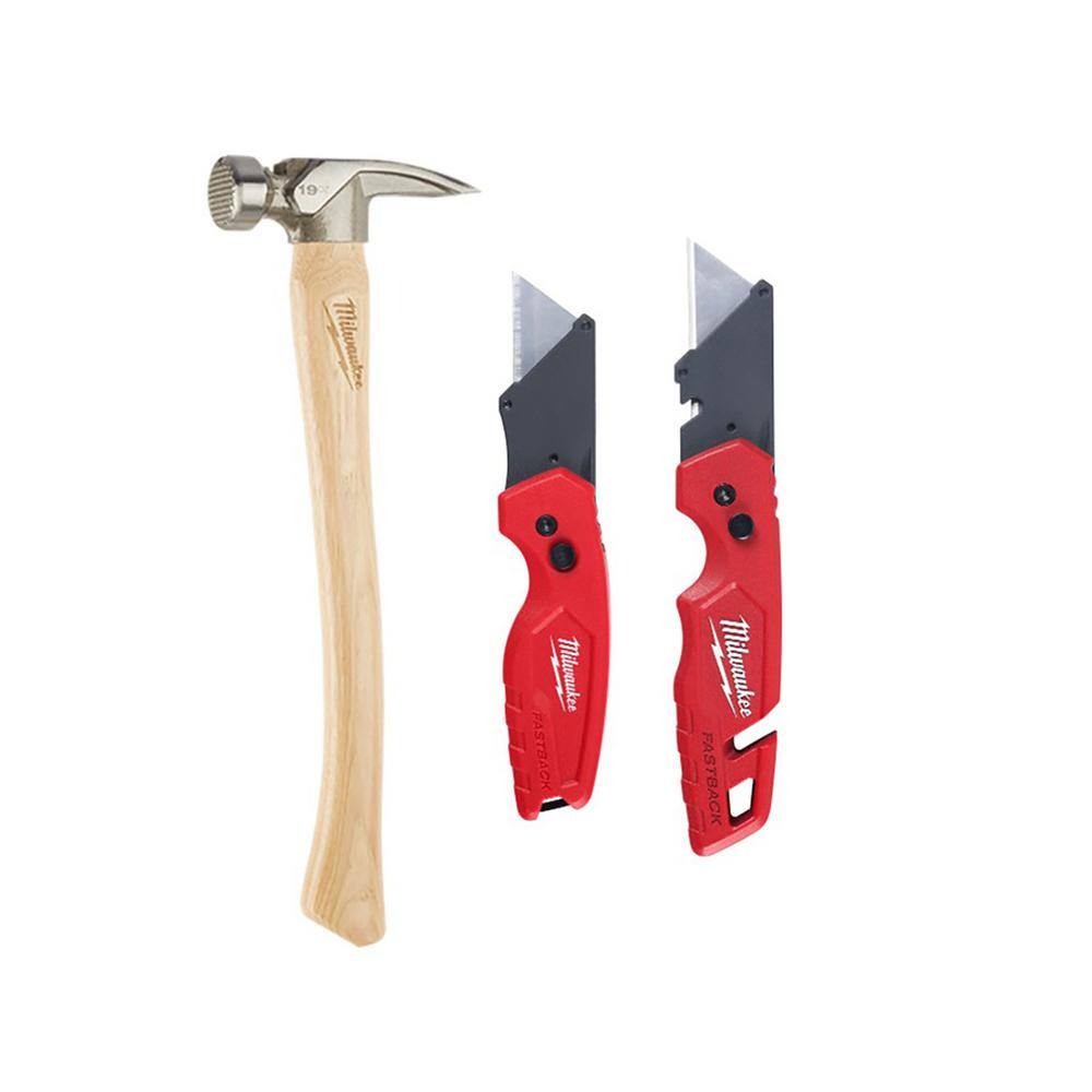 MW 19 oz. Wood Milled Face Hickory Framing Hammer with FASTBACK Folding Utility Knife Set (3-Piece) 48-22-9419-48-22-1503