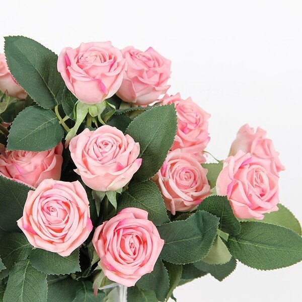 FloralGoods Real Touch 2 Rose Bloom Short Stem in Light Pink 15 Tall