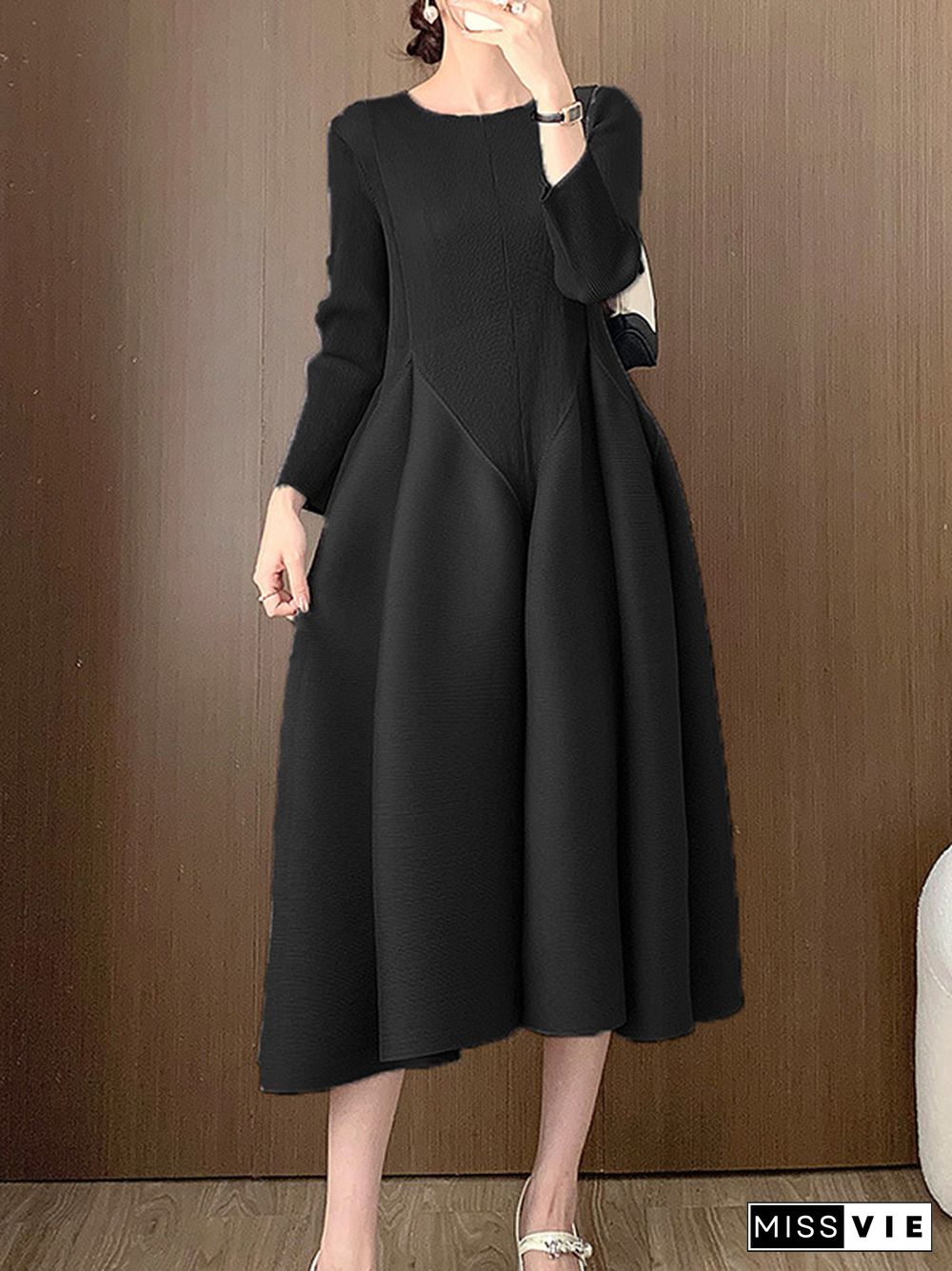 A-Line Loose Pleated Solid Color Split-Joint Round-Neck Midi Dresses