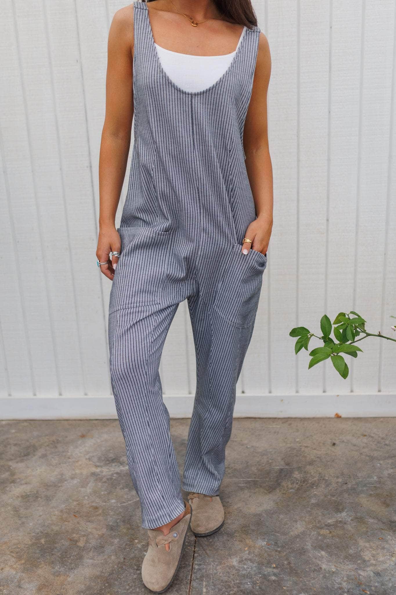 Scoop Neck Striped Overalls