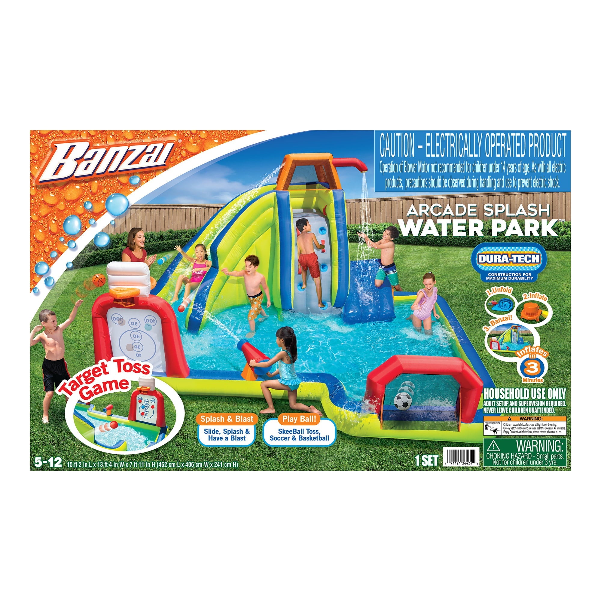 Banzai Inflatable Arcade Splash Water Park - Slide, Splash & Have a Blast! - SkeeBall Toss, Soccer & Basketball