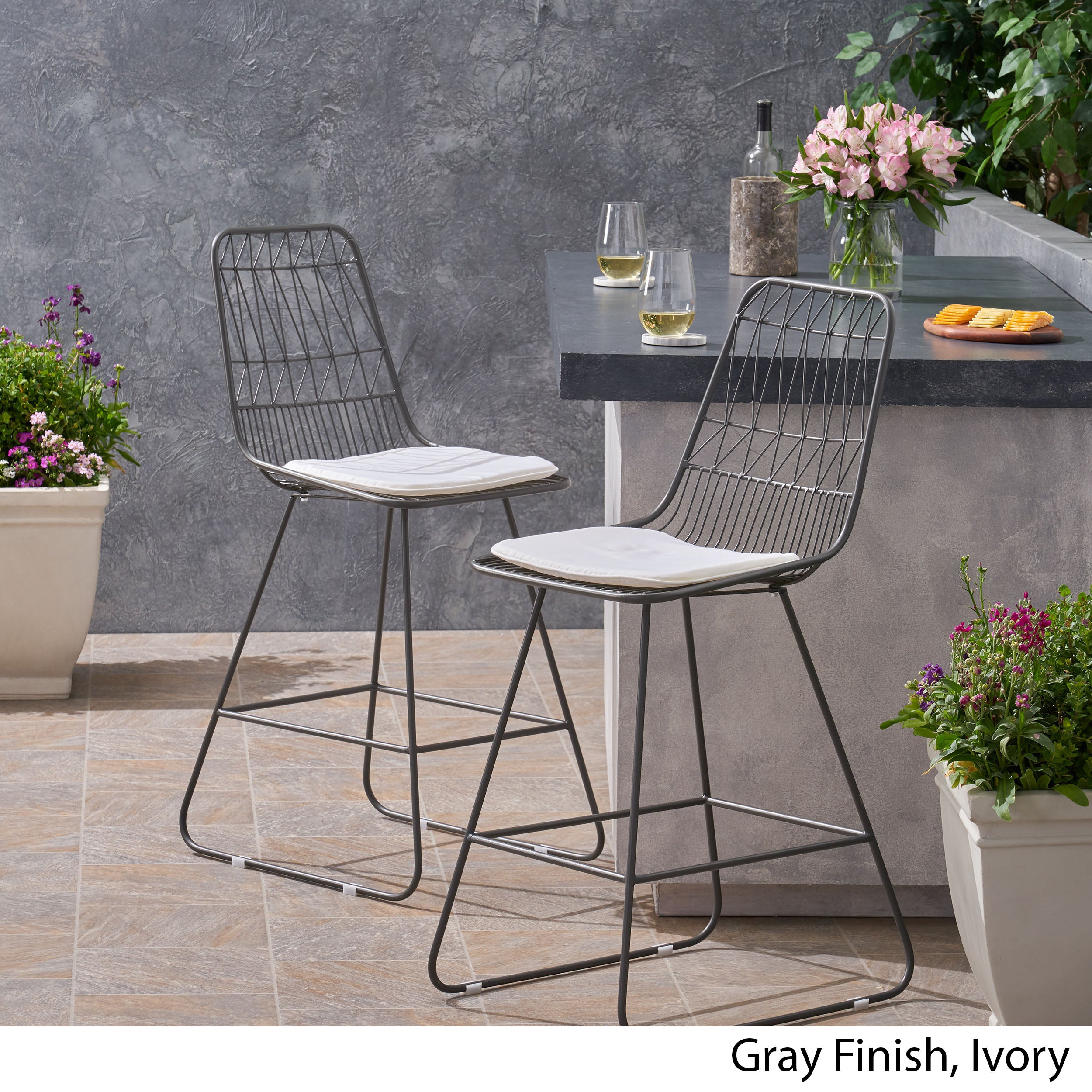 Hedy Outdoor Wire Counter Stools with Cushions (Set of 2)