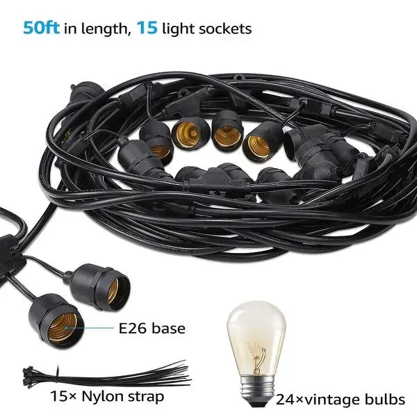 Outdoor Garden Hanging Light, 50ft, 24 Sockets, Weatherproof