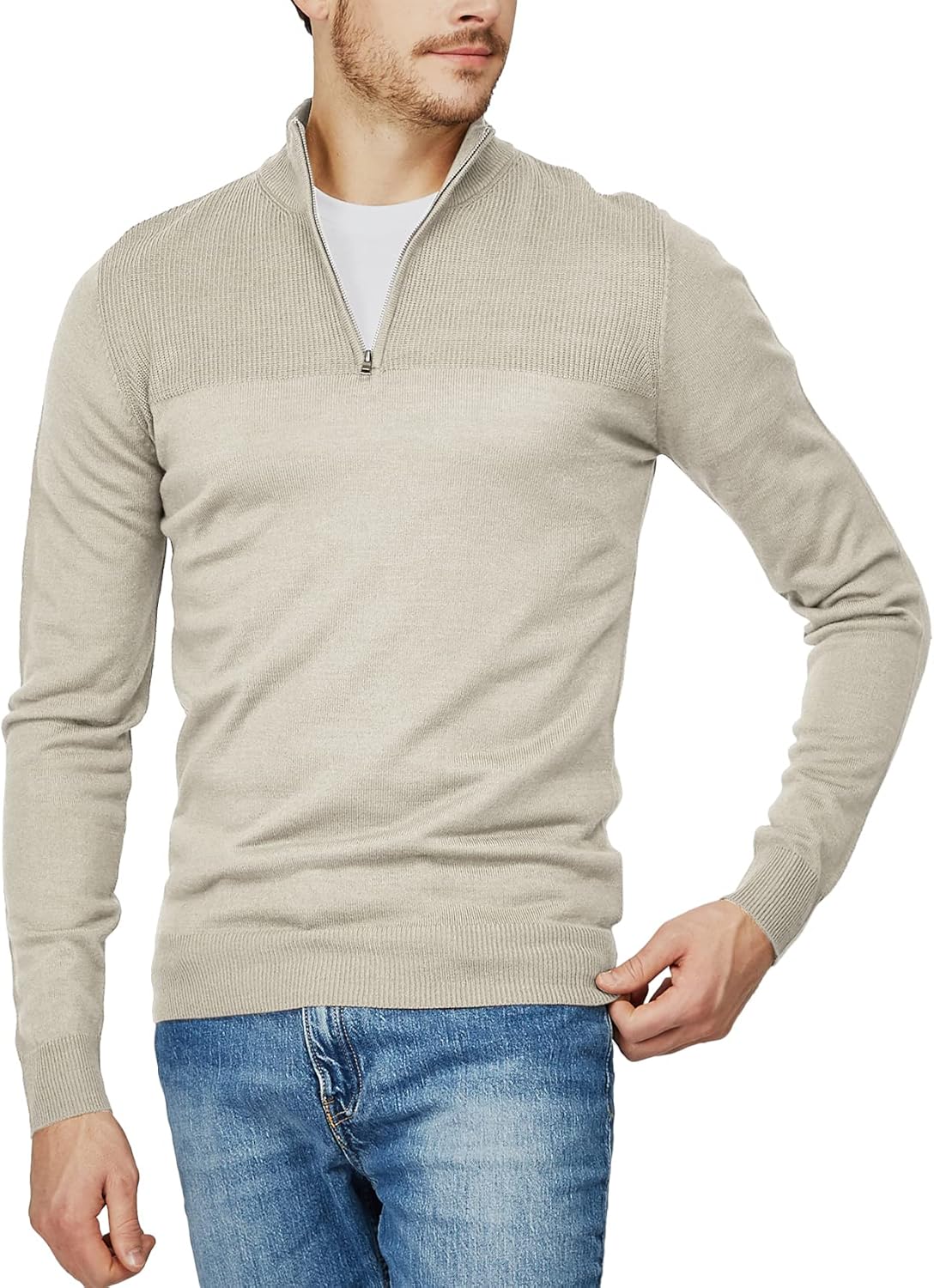 H2H Mens Casual Slim Fit Pullover Sweaters Long Sleeve Knitted Fabric Zip Up Mock Neck Polo Sweater