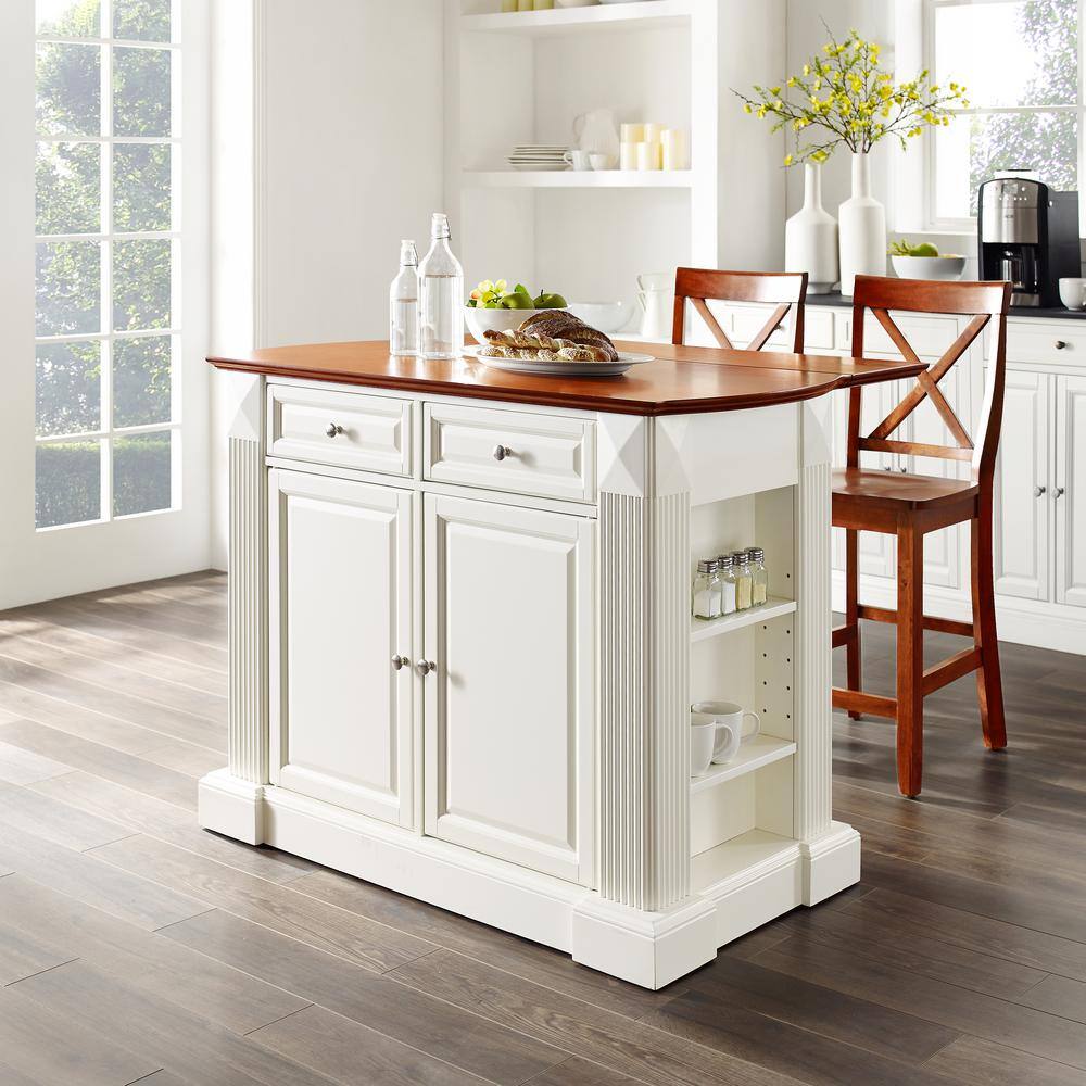 CROSLEY FURNITURE Coventry White Drop Leaf Kitchen Cart with X-Back Stools KF300073WH