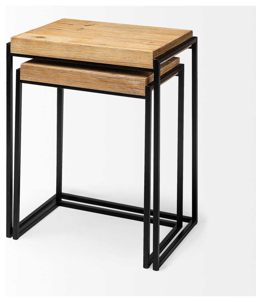 Karissa Light Brown Solid Wood w/ Black Metal Base Square Nesting Accent Tables   Industrial   Coffee Table Sets   by Mercana  Houzz