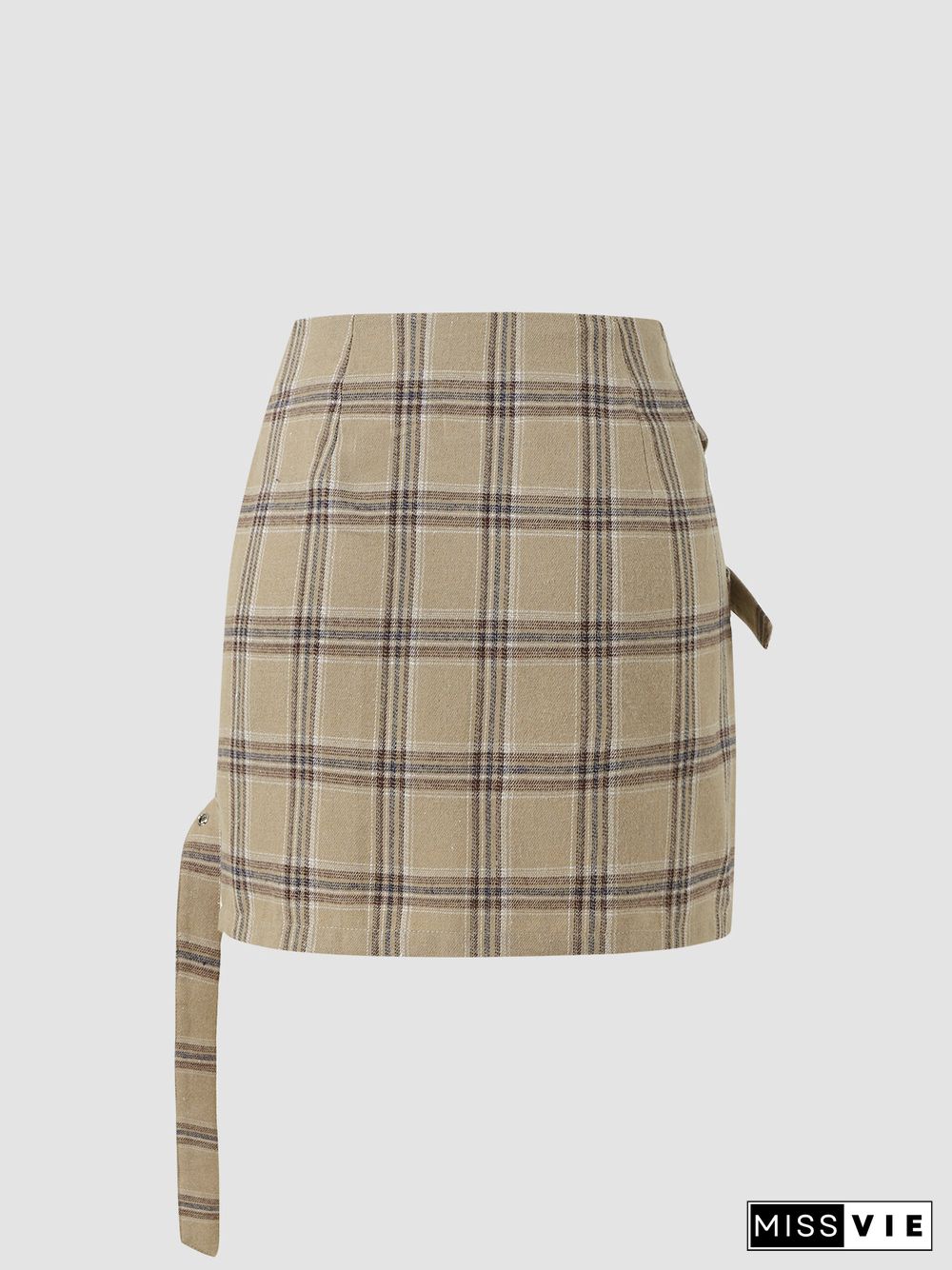 Check Pattern Belt Invisible Zip Mini Skirt