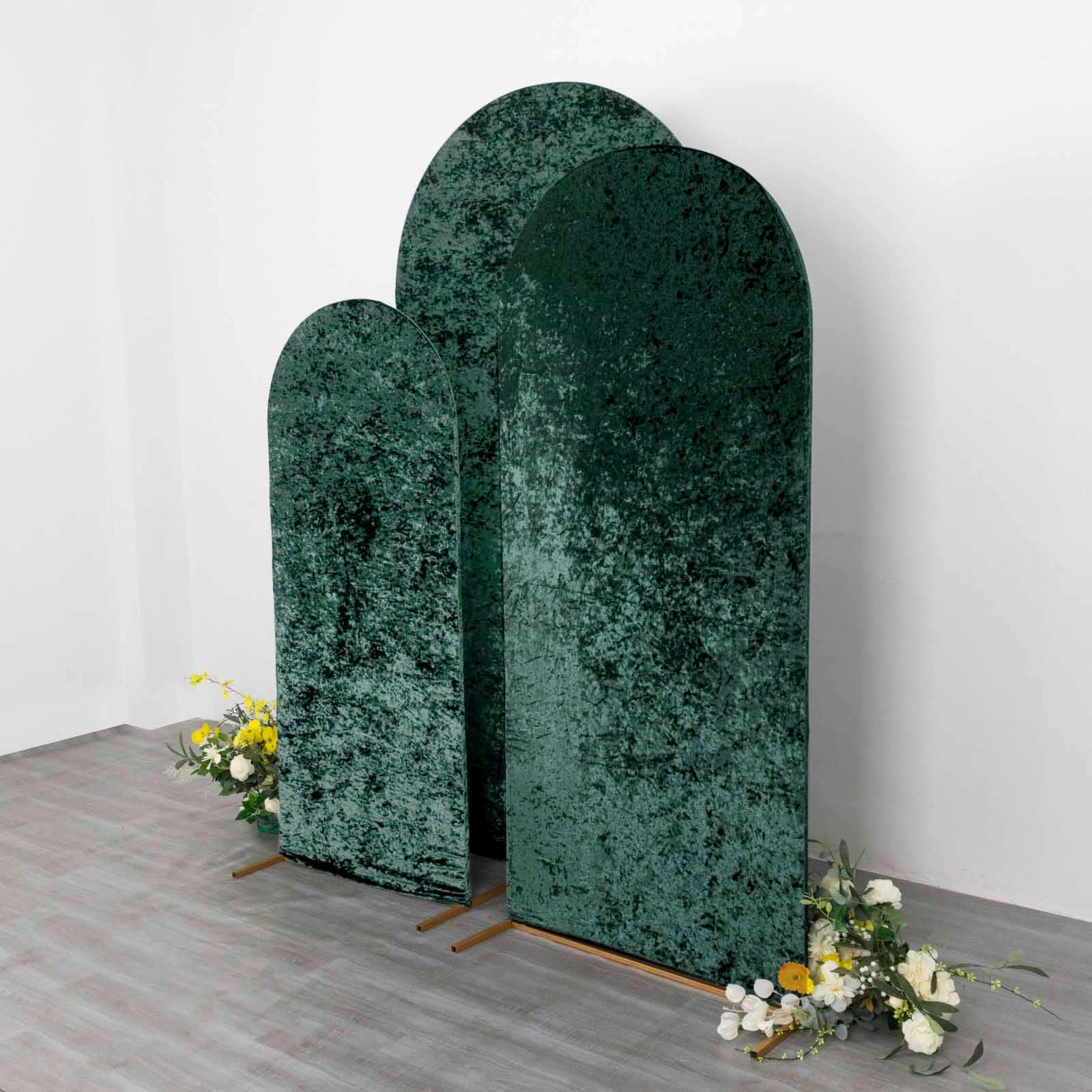 Set of 3 Hunter Emerald Green Crushed Velvet Chiara Wedding Arch Covers For Round Top Backdrop Stands 5ft, 6ft, 7ft