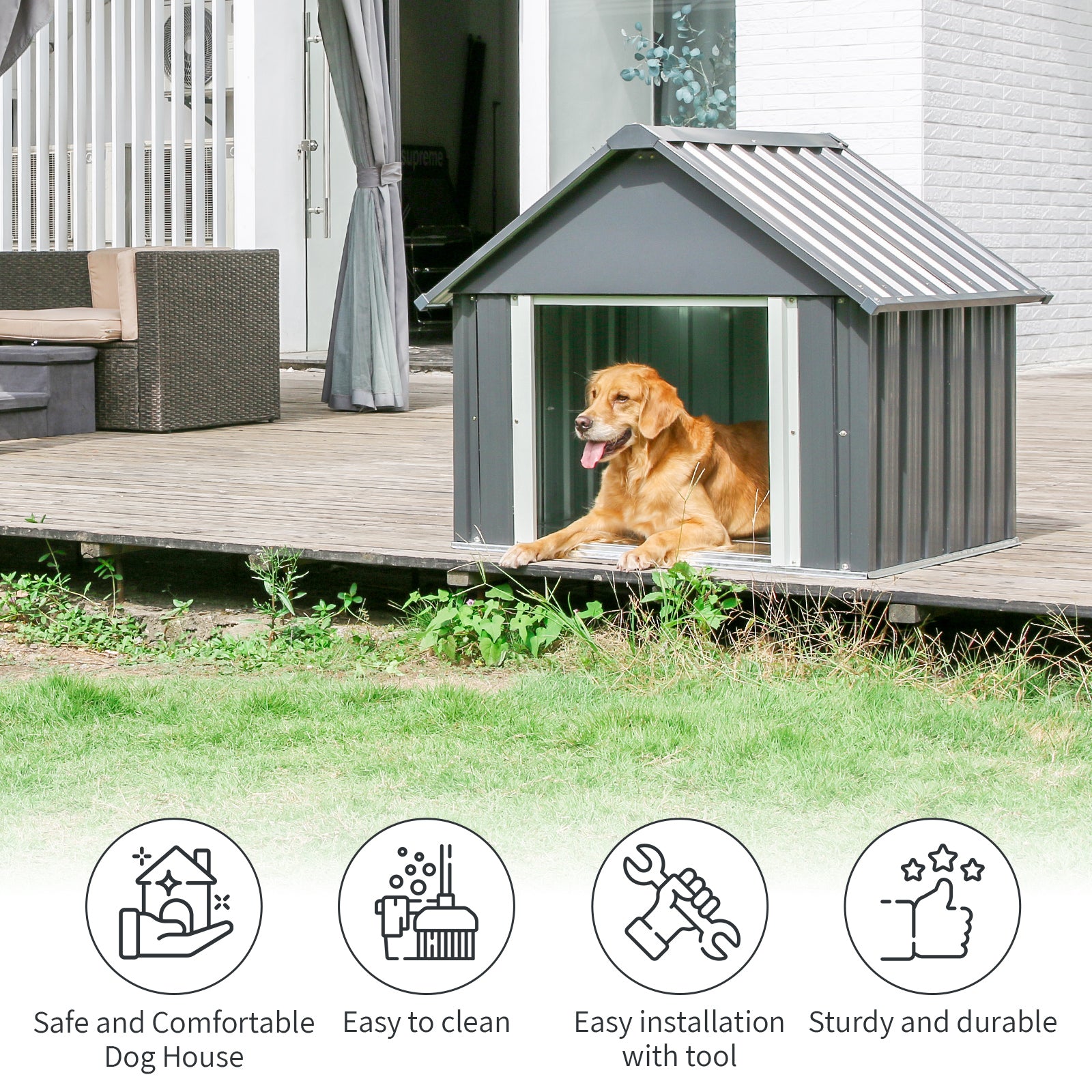 Durable Waterproof Metal Dog House for Small to Large Sized Dogs， Indoor Outdoor Insulated Doghouse