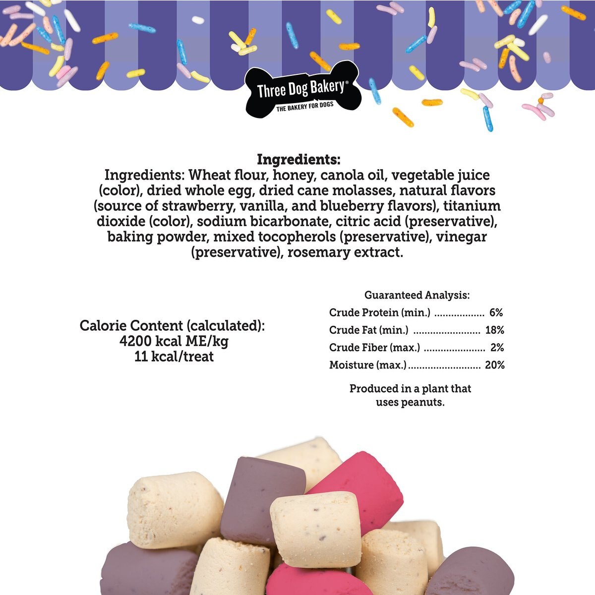 Three Dog Bakery Celebration Confetti Strawberry， Vanilla and Blueberry Flavors Dog Treats， 8-oz bag