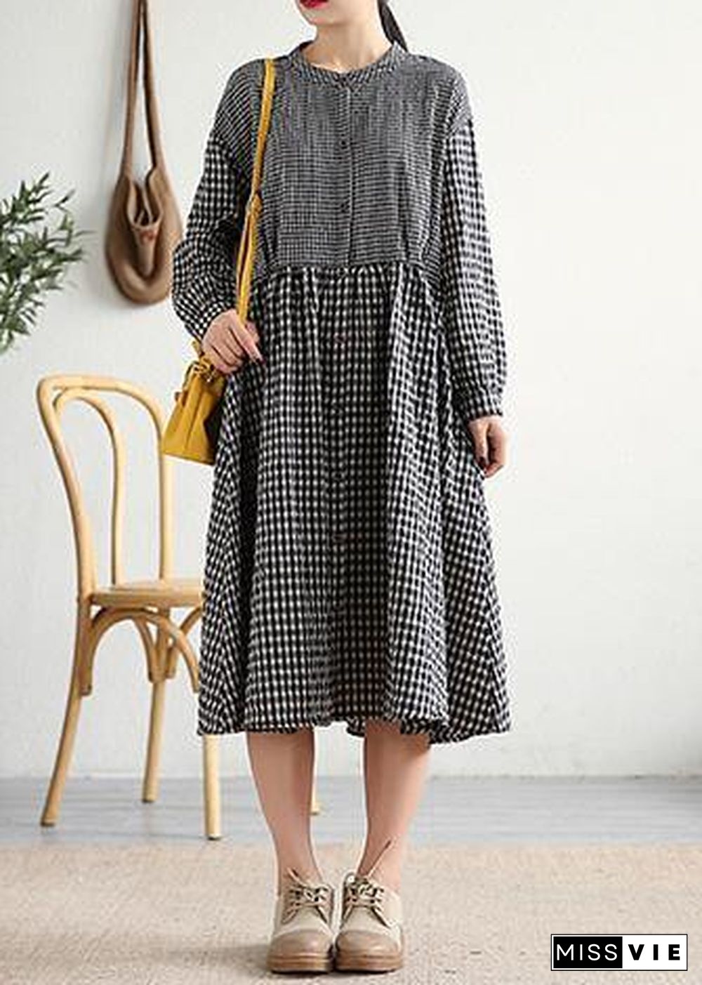 Bohemian o neck patchwork cotton linen Long Shirts Work Outfits black plaid Dress