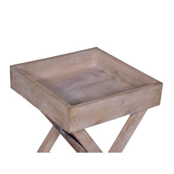 22 Inch Farmhouse Square Tray Top End Table， Mango Wood， X Shape Foldable Frame， Washed White