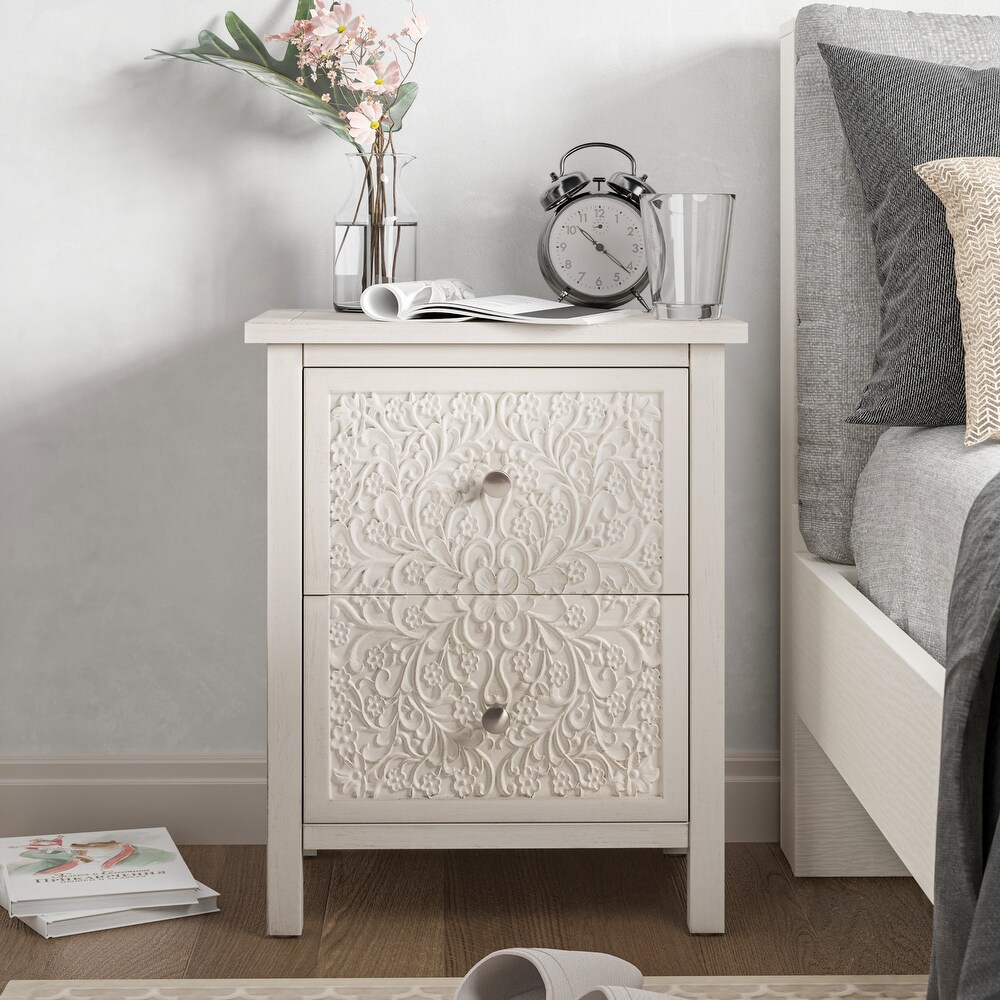 COZAYH Farmhouse Fully Assembled Nightstand with 2 Drawer  Flower Motif End Table for Small Spaces  French Country