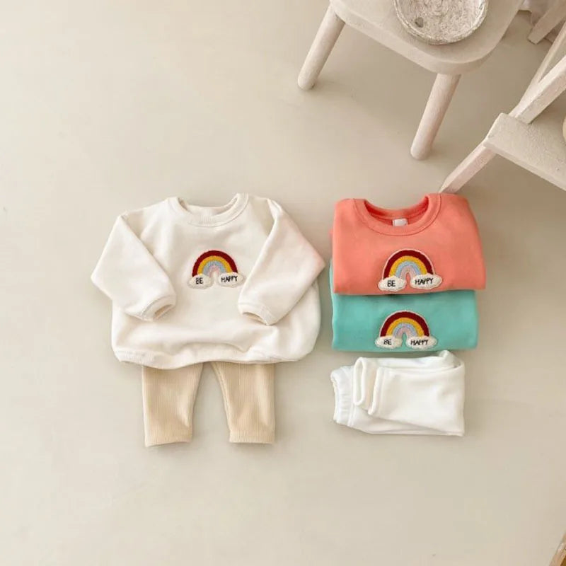 MILANCEL 2pcs Autumn New Children Baby Hoodie Set Toddler Rainbow Fleece Padded Tops + Pants Infant Outwear Clothing