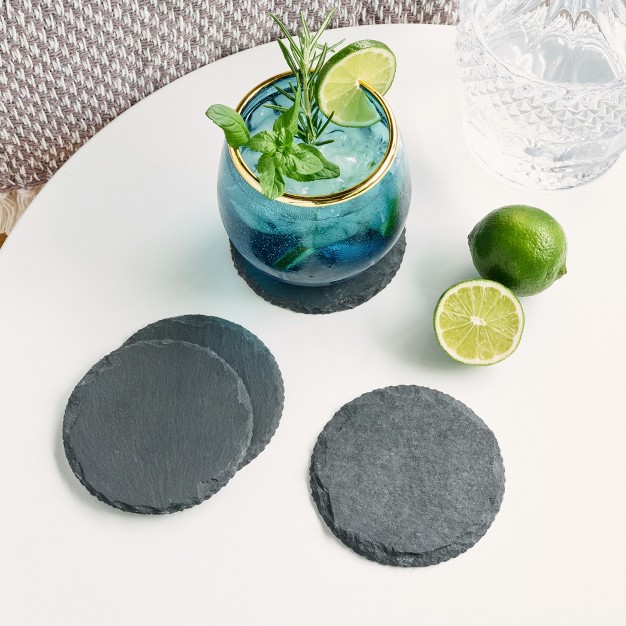 Twine Circle Slate Coasters Modern Round Coasters Slate With Velvet Backing Protect Tables And Surfaces Set Of 4 Black