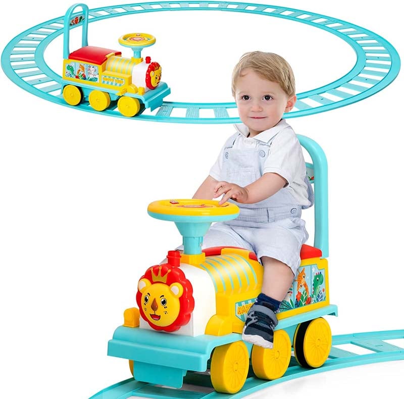 6V Kids Ride on Train with Tracks & 6 Wheels, Battery Powered Electric Ride On Toy with Lights & Music