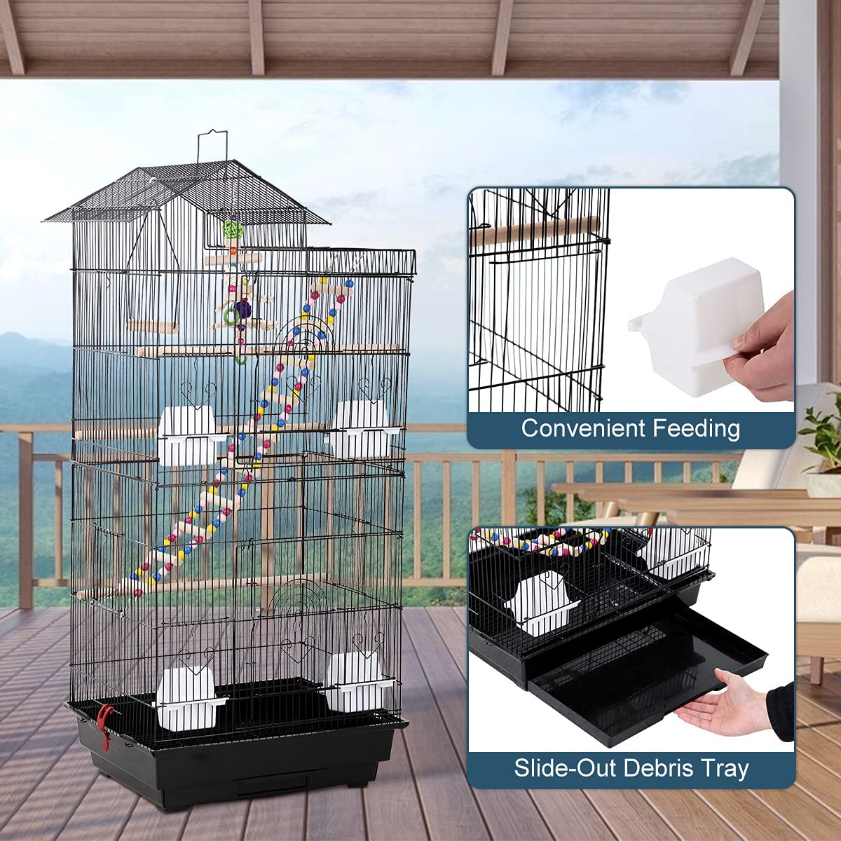 39 Inch Big Bird Cage Study Parakeet Cage Aviary with Accessories Roof Top Flight Parrot Cage with Ladder and Swing Jaulas para Pajaros for Small Parakeet，Canaries， Lovebirds， Cockatiels， Parrots