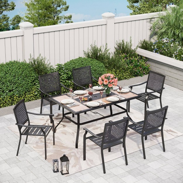 7pc Outdoor Dining Set With Faux Wood Table With Umbrella Hole Captiva Designs