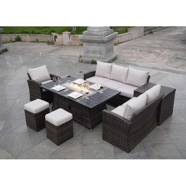 7Piece Outdoor Sofa with Aluminium table top Fire Pit Set