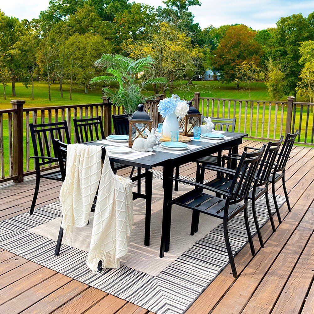 7/9 Pieces Patio Dining Set with E coating 8 Metal Stackable Chairs and 1 Expandable Rectangle Table