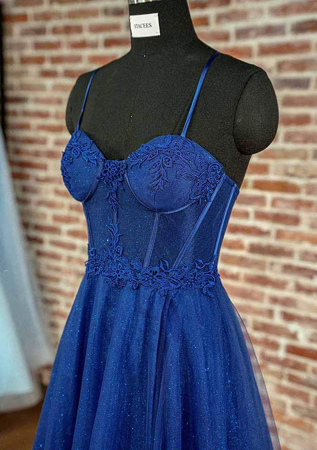 Elegant A-Line Long Prom Dress/Evening Dress with Spaghetti Straps and Glitter Appliques