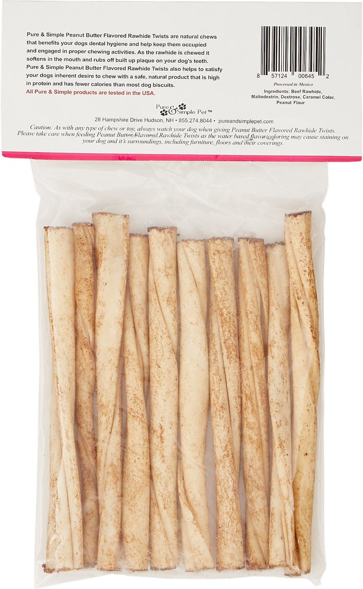 Pure and Simple Pet Peanut Butter Flavored Rawhide Twist Dog Treat， 5-in