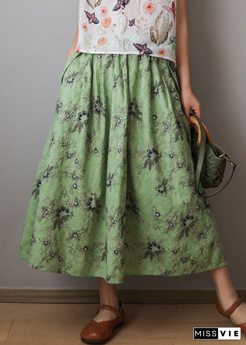 Organic Green elastic waist print Cotton Skirts Spring