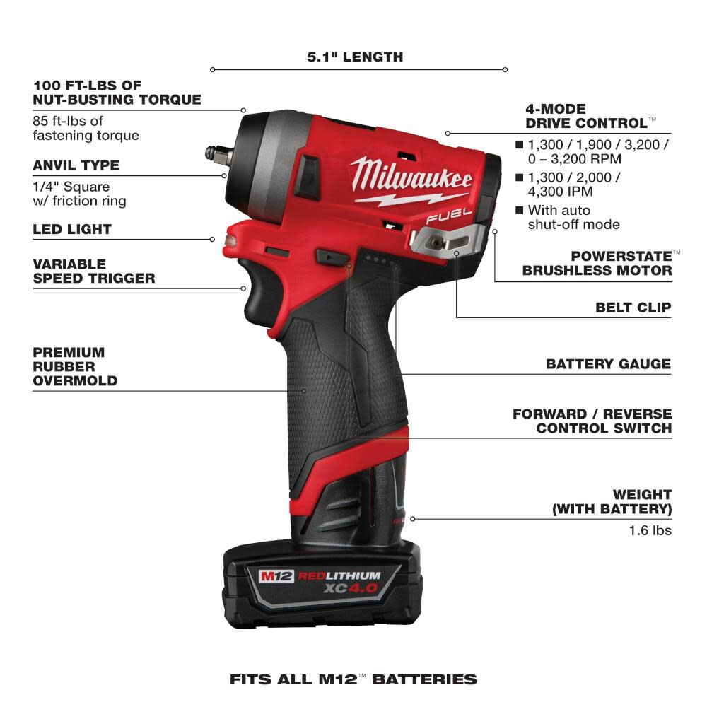 Milwaukee M12 FUEL Stubby 1/4 in. Impact Wrench Kit 2552-22 from Milwaukee