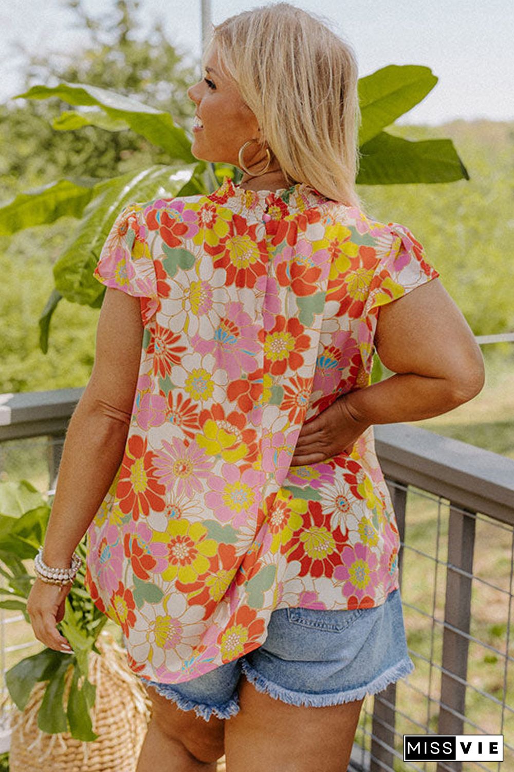 Multicolor Plus Size Mock Neck Ruffle Sleeve Floral Blouse