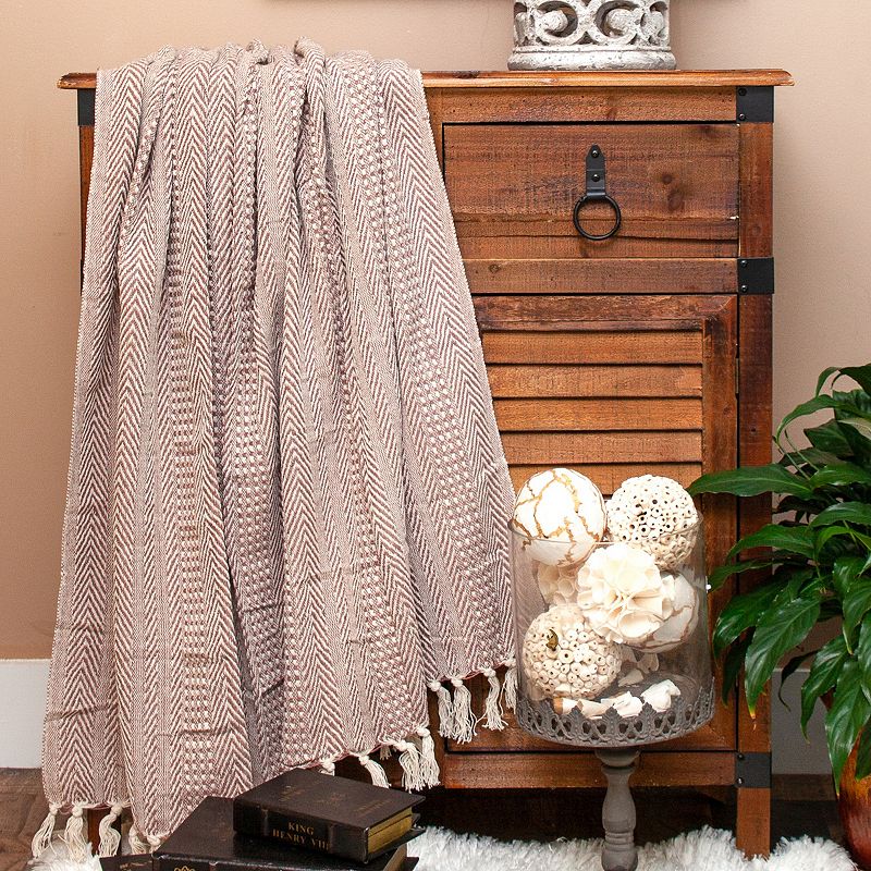 Brown and Beige Woven Handloom Herringbone and Gingham Throw Blanket 52 x 67