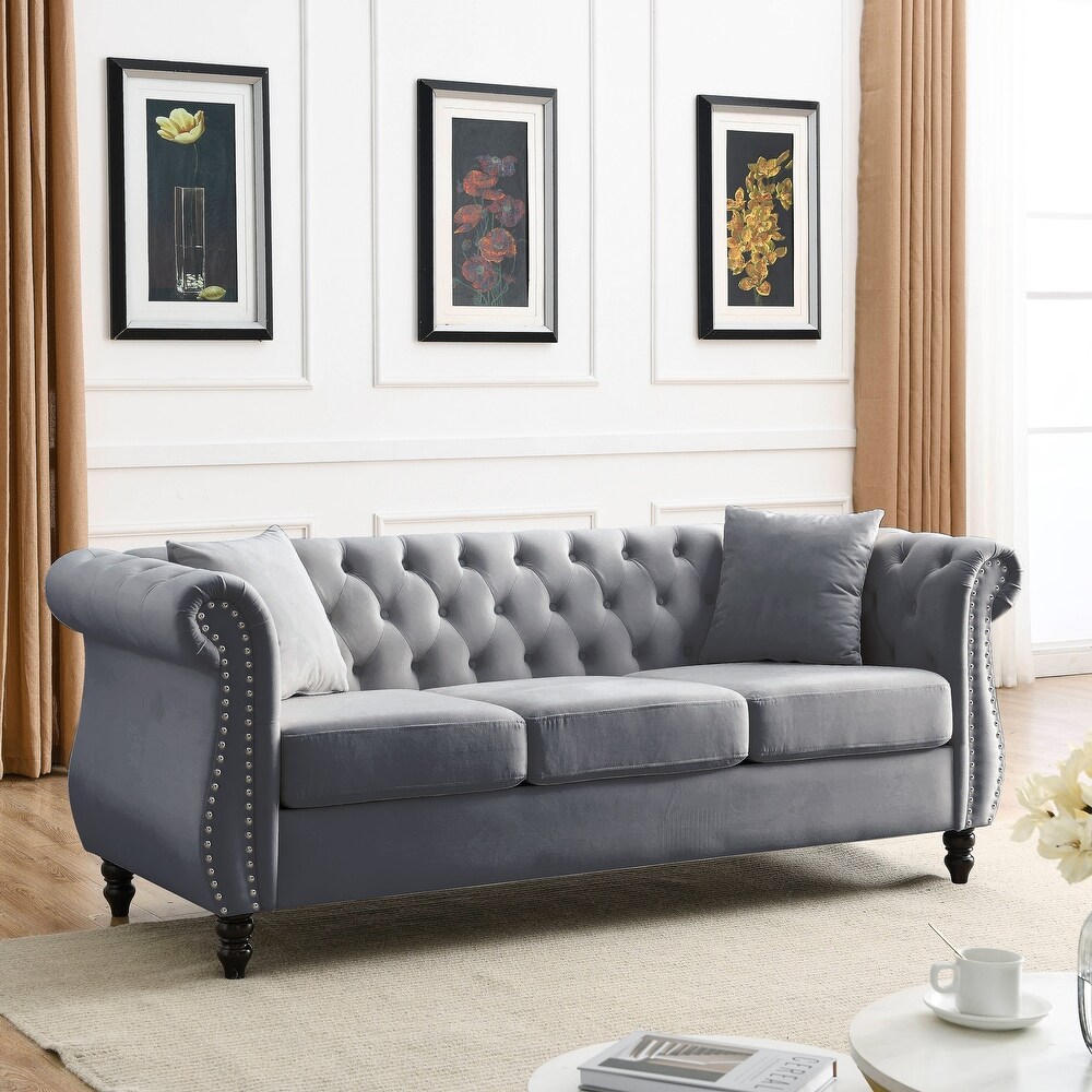 Velvet Upholstered Chesterfield Sofa Set Ergonomic Nailheads Couches Set with Removable Cushions for Livingroom