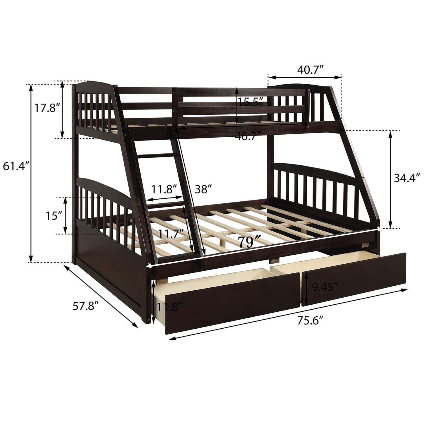 Twin Over Full Bunk Bed with Two Storage Drawers, Pine Wood Bed Frame and Ladder with Guard Rails for Toddlers, Kids, Teens, Boys and Girls, Espresso