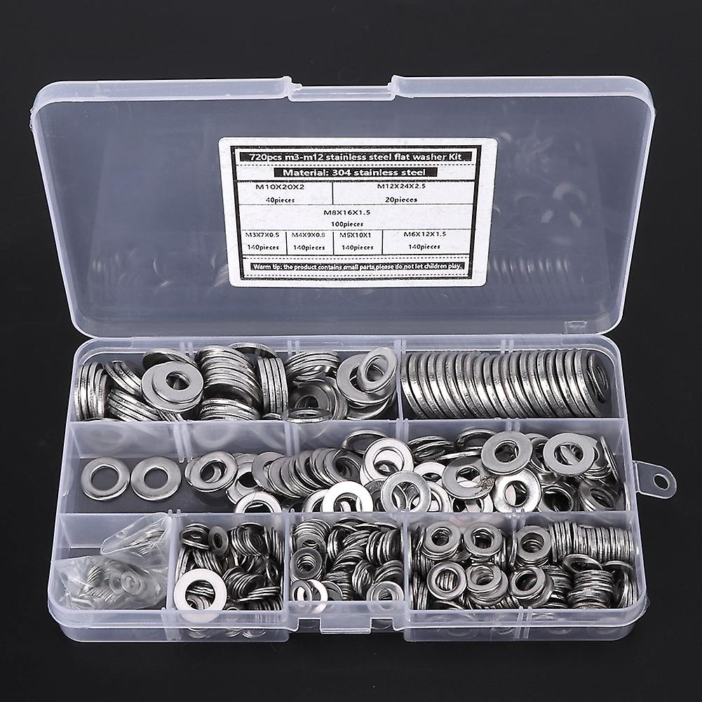 720pcs Flat Washer Kit 304 Stainless Steel Silver Spring Gasket Assortment Set M3-m12